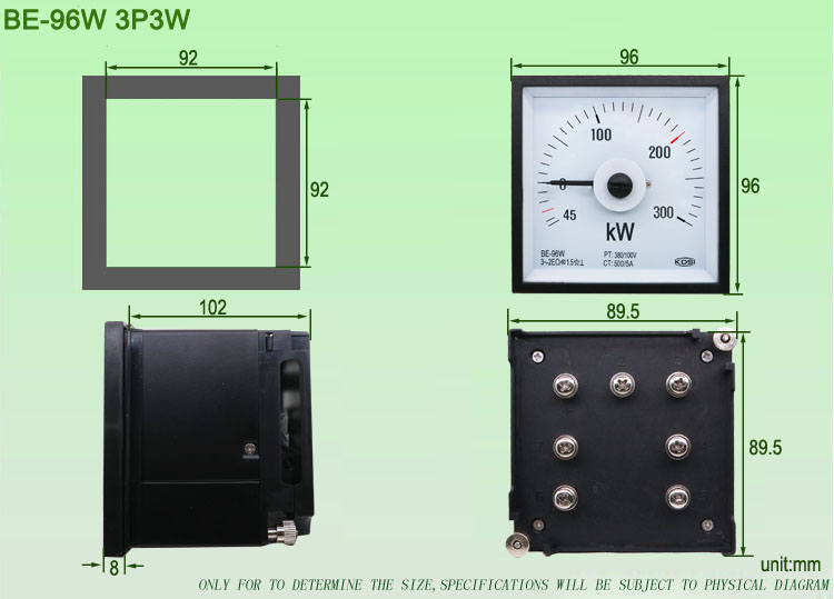 BE-96W 3P3W kW dimensioned drawing